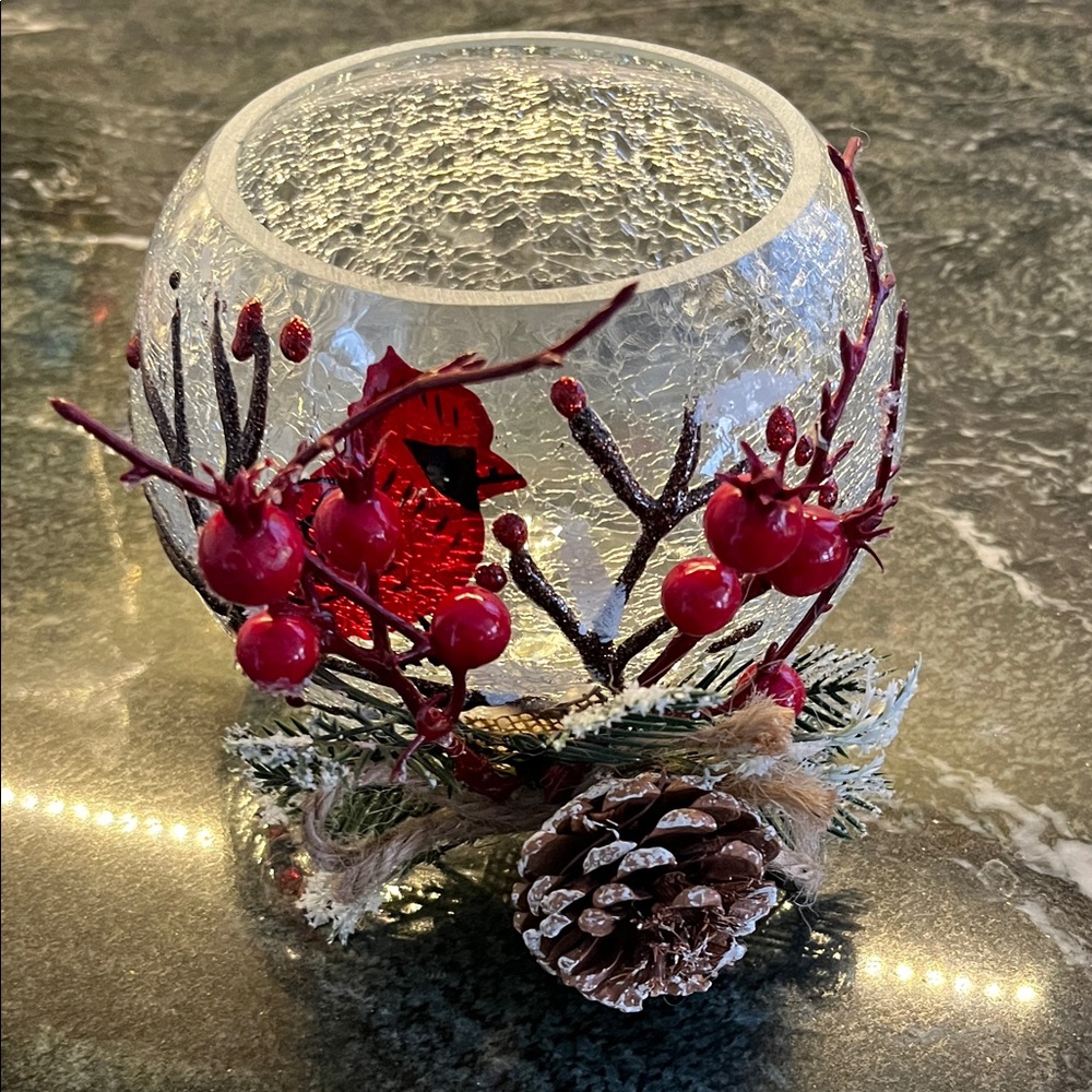 Studio Holiday Glass Candle Holder with Red Accents